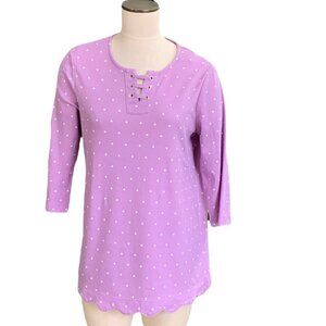 Blair Tunic Top Laceup Neck Scallop Hem Sz M Purple Polka Dot #213i